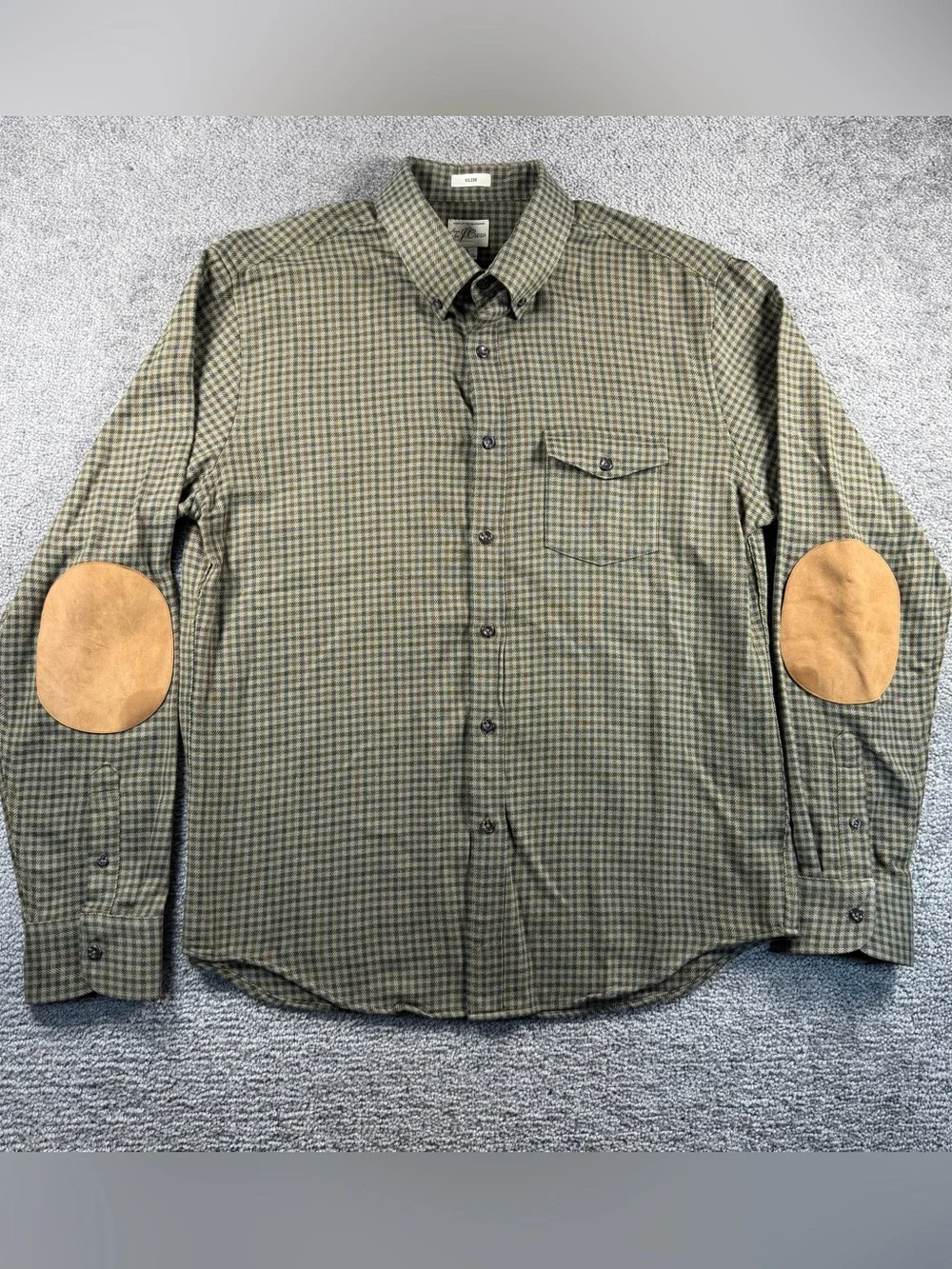 J Crew Houndstooth Flannel Shirt Mens Large Olive Green Plaid Elbow Patches Slim